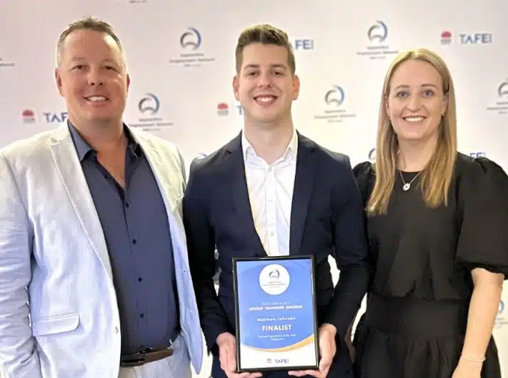 Mark Chinnery GBE Group Operations Manager, Matthew Johnson Finalist - Apprentice Trainee of the Year Indigenous 2022 and Tracey McKibbin GBE Group Office Manager.