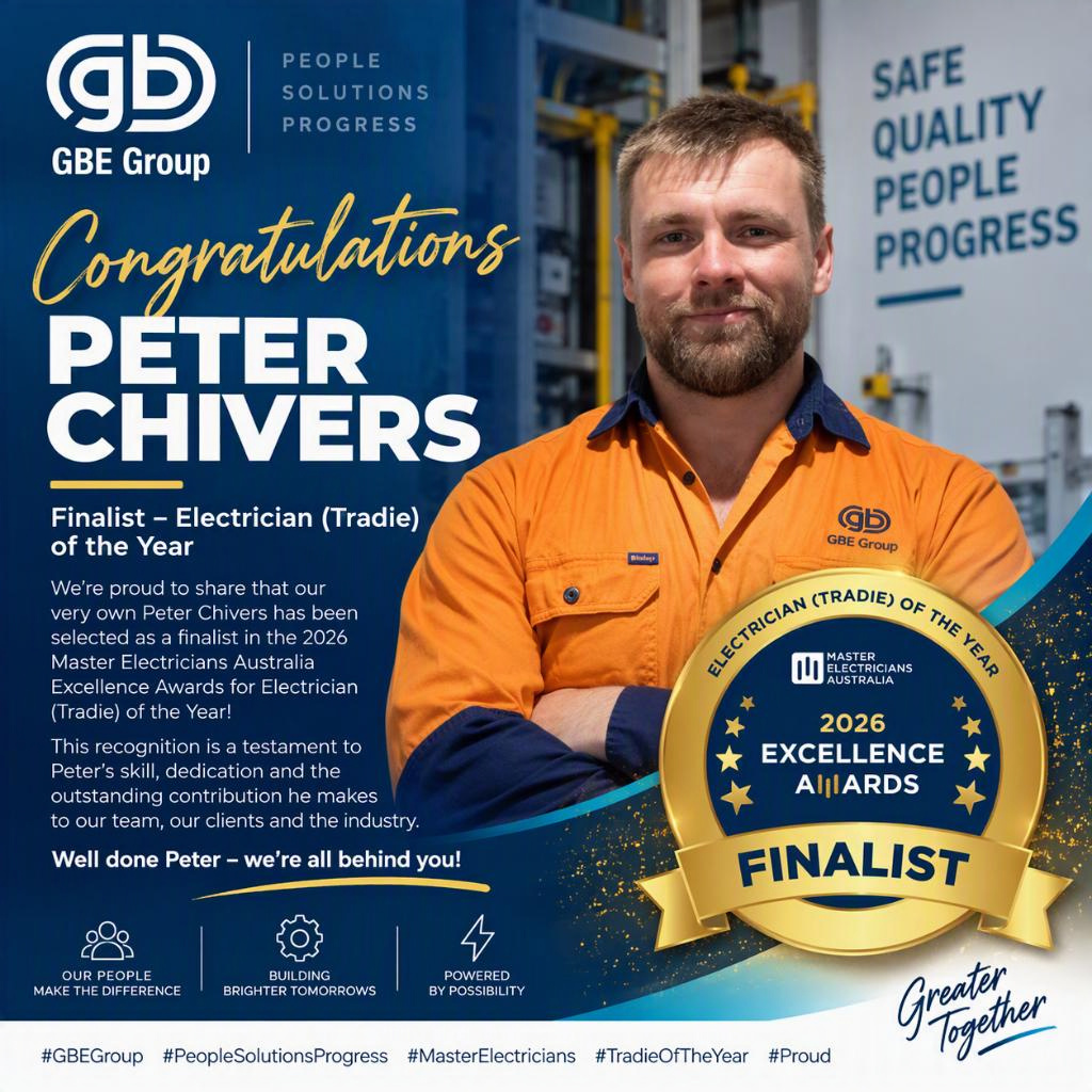 Peter Chivers, GBE Group electrician, named finalist for Electrician (Tradie) of the Year at the 2026 Master Electricians Australia Excellence Awards