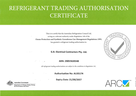 GBE Group ARC Refrigerant Trading Authorisation ARC Refrigerant Trading Authorisation Certificate issued to G.B. Electrical Contractors Pty Ltd, Authorisation No. AU35174